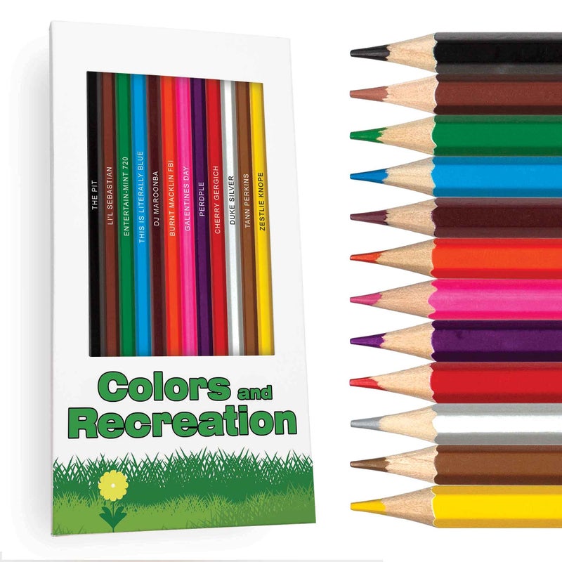 Pun Labs Colors & Recreation-Themed Colored Pencil Set for Fans of Parks & Rec | Set of 12 Parody Pencils with Clever Show References | Each Pencil Foil-Stamped with Fun Quotes | Ideal Gift - Image 1